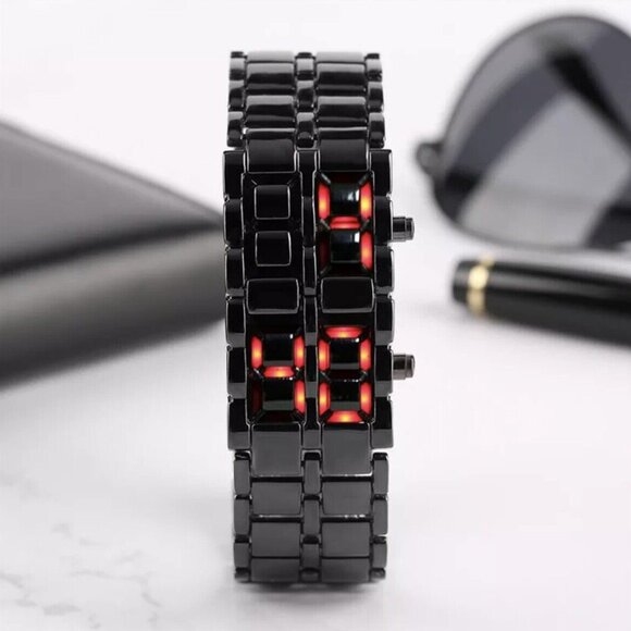 LED Digital Watch, Black & Red Stainless Steel Lava Style, Samurai Bracelet - Picture 4 of 9